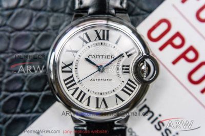 Perfect Replica V6 Factory Cartier Ballon Bleu Silver Roman Dial Black Leather Strap 33mm Women's Watch